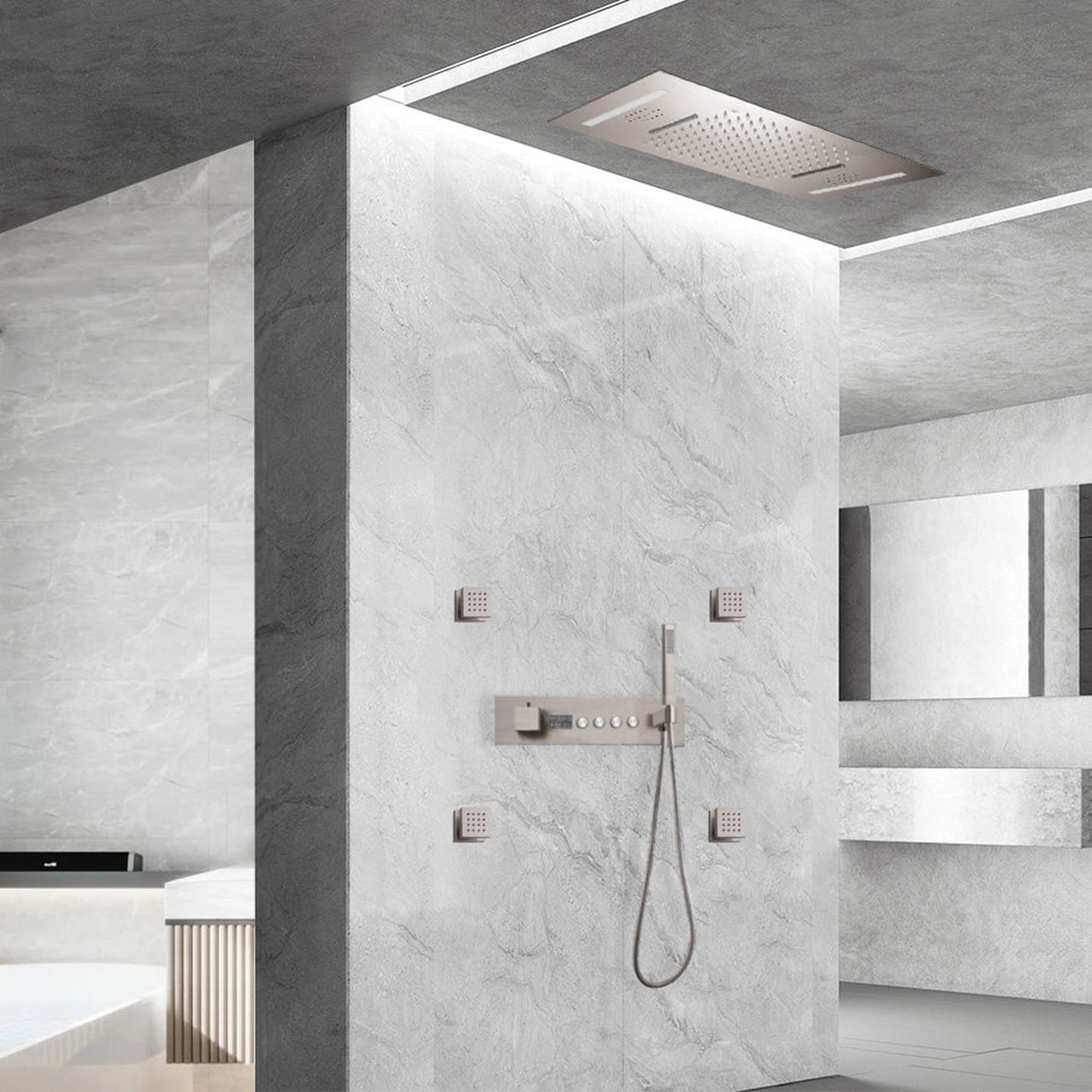 Fontana Parma Brushed Nickel Recessed Ceiling Mounted LED Thermostatic Rainfall Waterfall Shower System With 4-Body Jets and Hand Shower