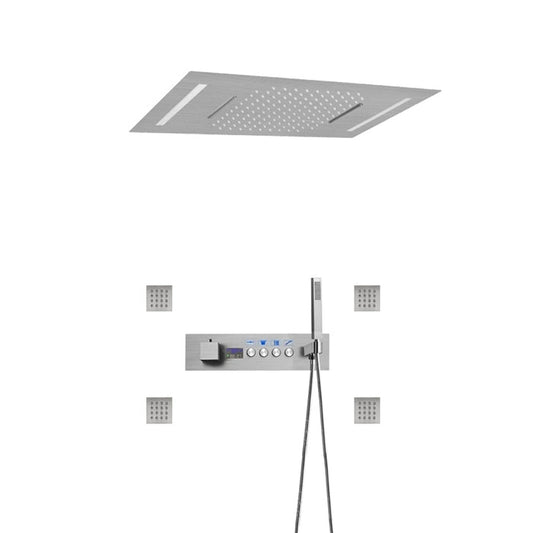 Fontana Parma Brushed Nickel Recessed Ceiling Mounted LED Thermostatic Rainfall Waterfall Shower System With 4-Body Jets and Hand Shower