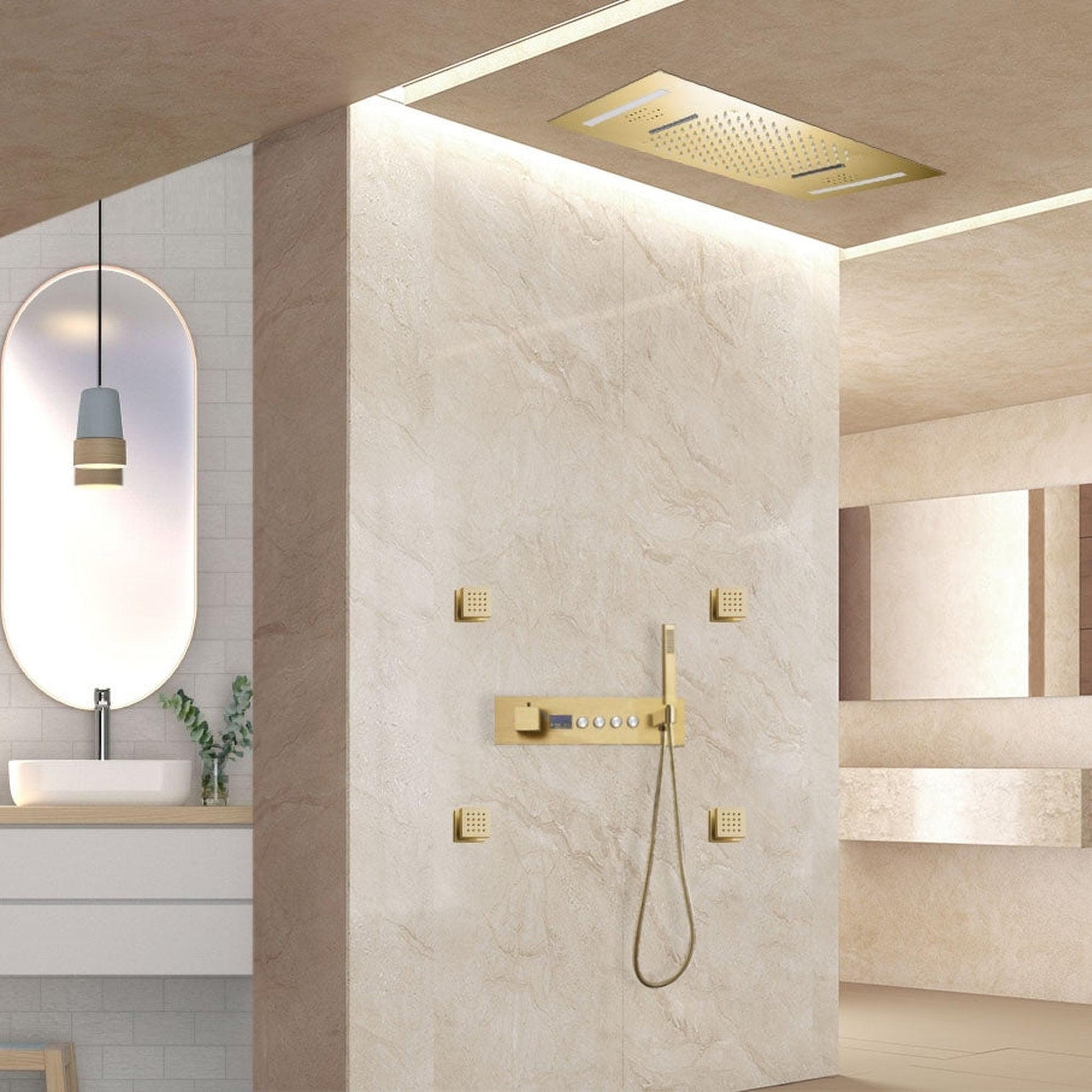Fontana Piacenza Brushed Gold Recessed Ceiling Mounted Thermostatic LED Waterfall Rainfall Shower System With 4-Jet Body Sprays and Hand Shower
