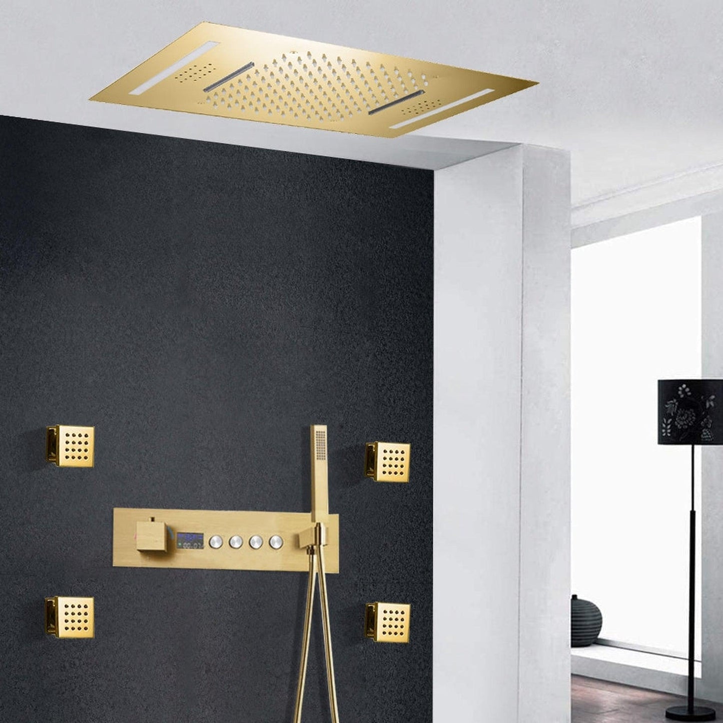 Fontana Piacenza Brushed Gold Recessed Ceiling Mounted Thermostatic LED Waterfall Rainfall Shower System With 4-Jet Body Sprays and Hand Shower