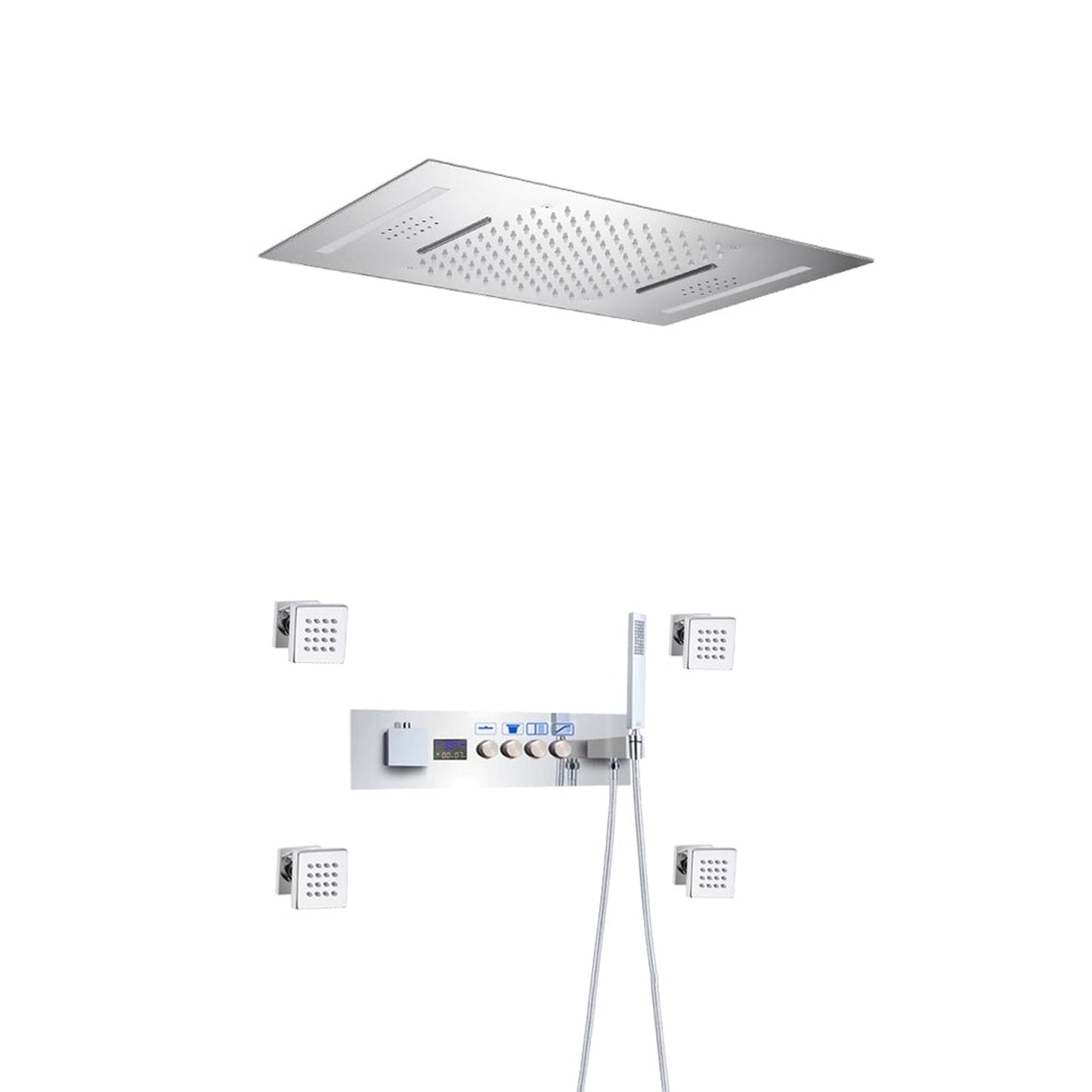 Fontana Ravenna Chrome Recessed Ceiling Mounted LED Thermostatic Rainfall Shower System With 4-Jet Body Sprays and Hand Shower