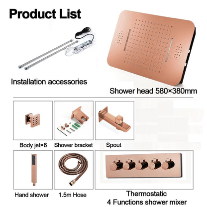 Fontana Ravenna Rose Gold Recessed Ceiling Mounted Thermostatic Touch Panel Controlled LED Rainfall Waterfall Shower System With 6-Jet Body Sprays and Hand Shower