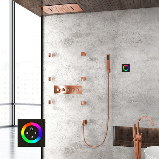 Fontana Ravenna Rose Gold Recessed Ceiling Mounted Thermostatic Touch Panel Controlled LED Rainfall Waterfall Shower System With 6-Jet Body Sprays and Hand Shower