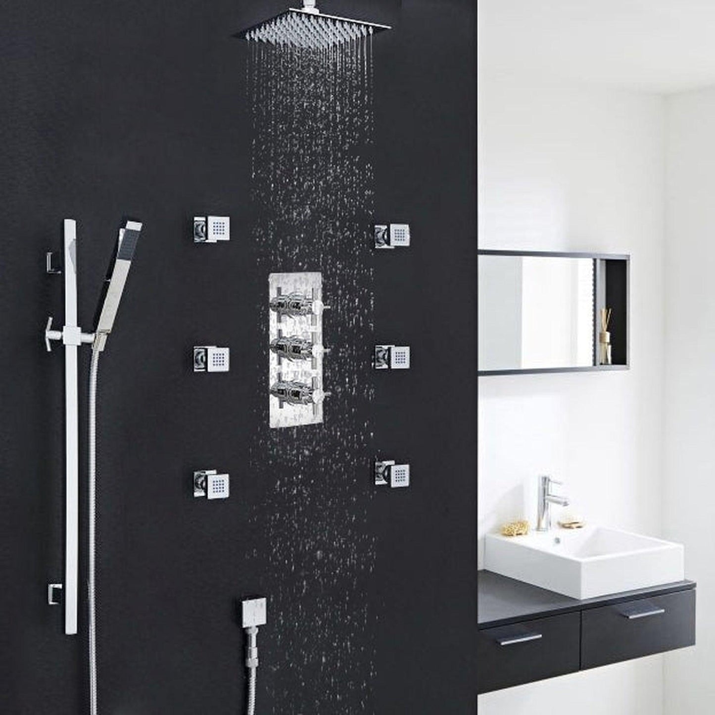 Fontana Reno 10" Chrome Square Ceiling Mounted Rainfall Shower System With 6-Body Massage Jets and Hand Shower