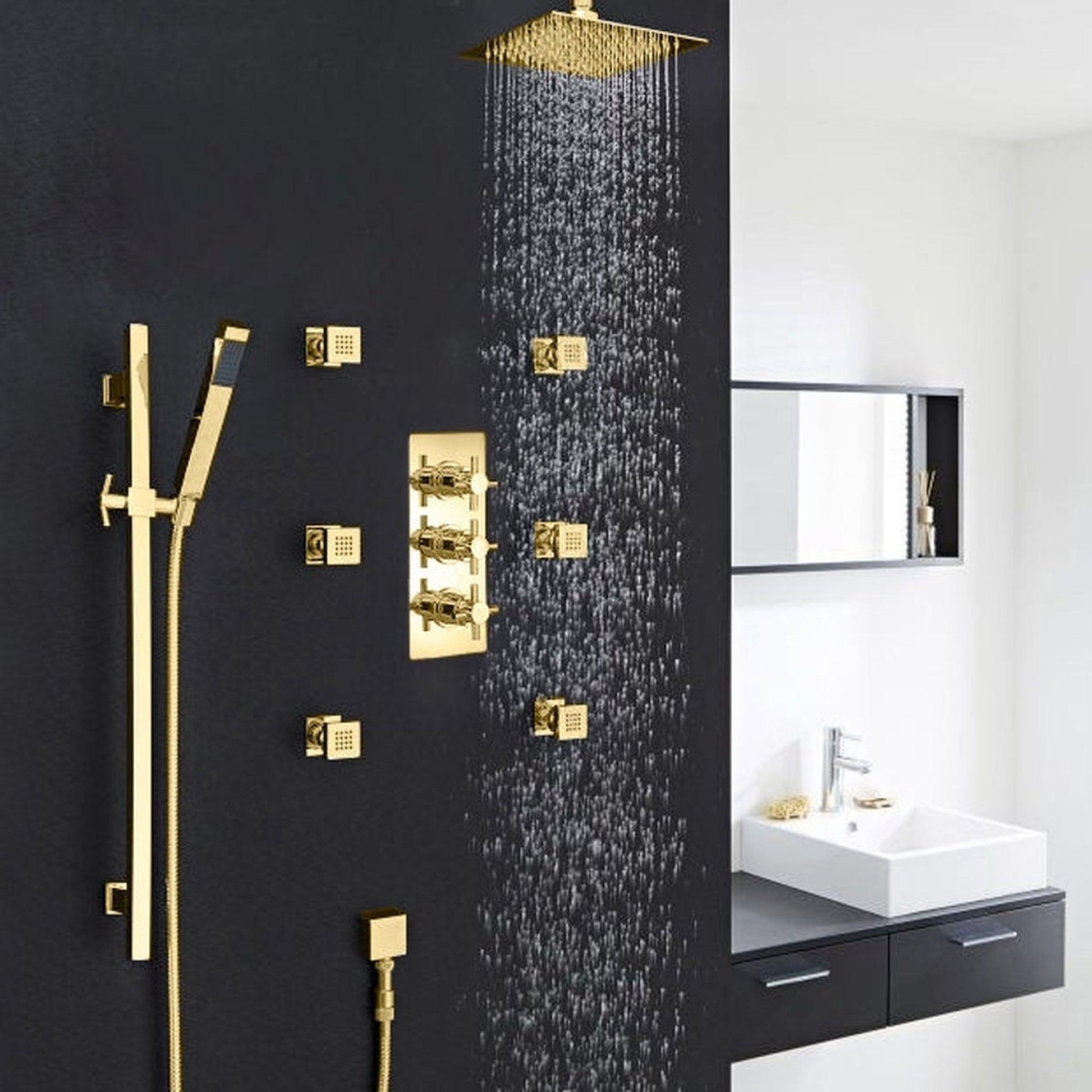 Fontana Reno 10" Gold Square Ceiling Mounted Rainfall Shower System With 6-Body Massage Jets and Hand Shower
