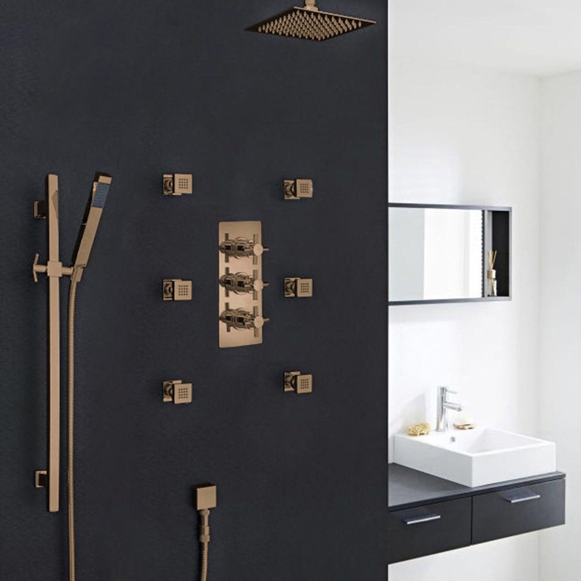 Fontana Reno 12" Oil Rubbed Bronze Round Ceiling Mounted Rainfall Shower System With 6-Body Massage Jets and Hand Shower