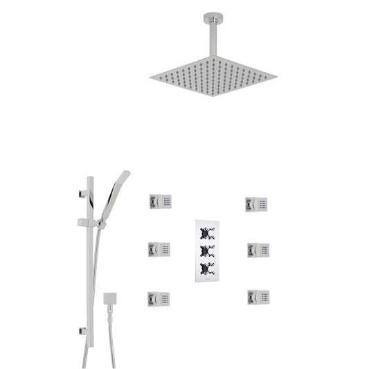 Fontana Reno 16" Chrome Round Ceiling Mounted Rainfall Shower System With 6-Body Massage Jets and Hand Shower
