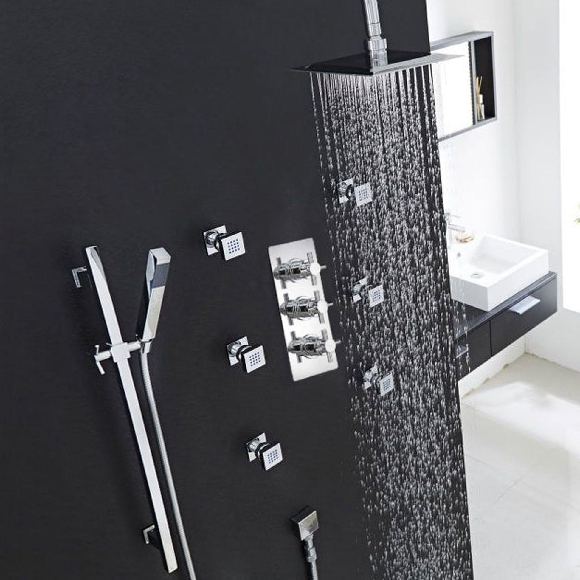 Fontana Reno 16" Chrome Square Ceiling Mounted Rainfall Shower System With 6-Body Massage Jets and Hand Shower