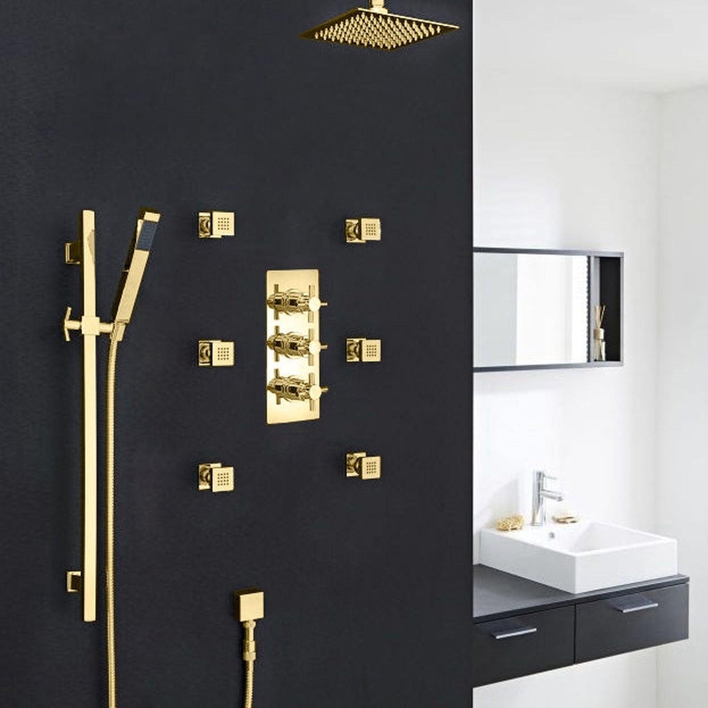 Fontana Reno 16" Gold Round Ceiling Mounted Rainfall Shower System With 6-Body Massage Jets and Hand Shower