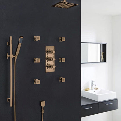 Fontana Reno 16" Oil Rubbed Bronze Round Ceiling Mounted Rainfall Shower System With 6-Body Massage Jets and Hand Shower