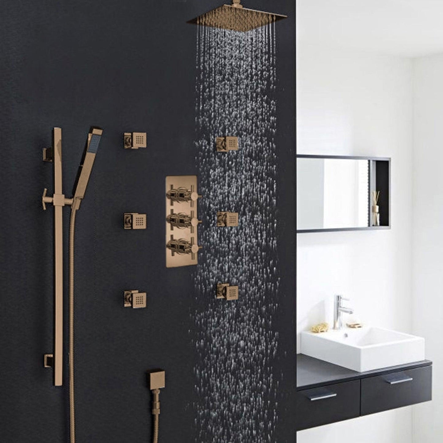 Fontana Reno 16" Oil Rubbed Bronze Square Ceiling Mounted Rainfall Shower System With 6-Body Massage Jets and Hand Shower