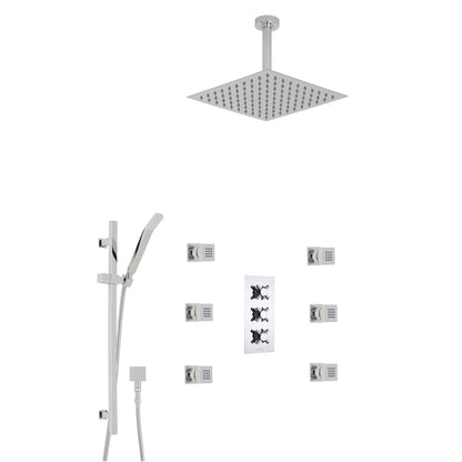 Fontana Reno 8" Chrome Round Ceiling Mounted Rainfall Shower System With 6-Body Massage Jets and Hand Shower