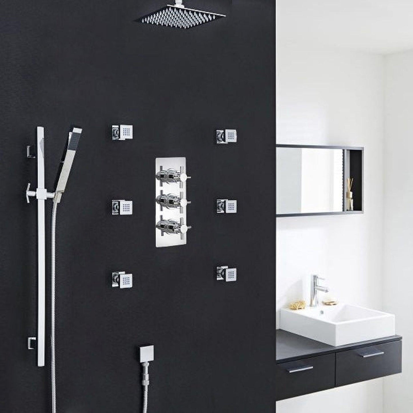 Fontana Reno 8" Chrome Square Ceiling Mounted Rainfall Shower System With 6-Body Massage Jets and Hand Shower