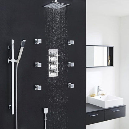 Fontana Reno 8" Chrome Square Ceiling Mounted Rainfall Shower System With 6-Body Massage Jets and Hand Shower