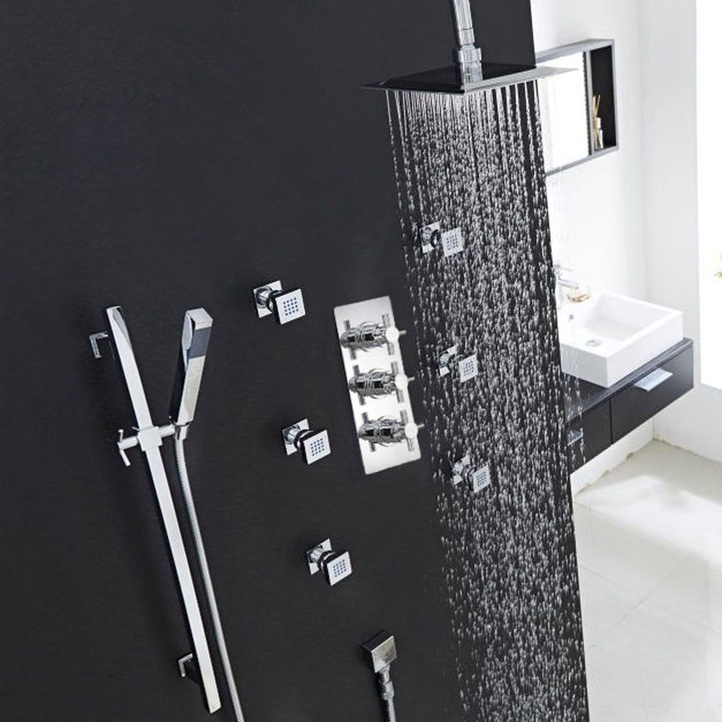 Fontana Reno 8" Chrome Square Ceiling Mounted Rainfall Shower System With 6-Body Massage Jets and Hand Shower