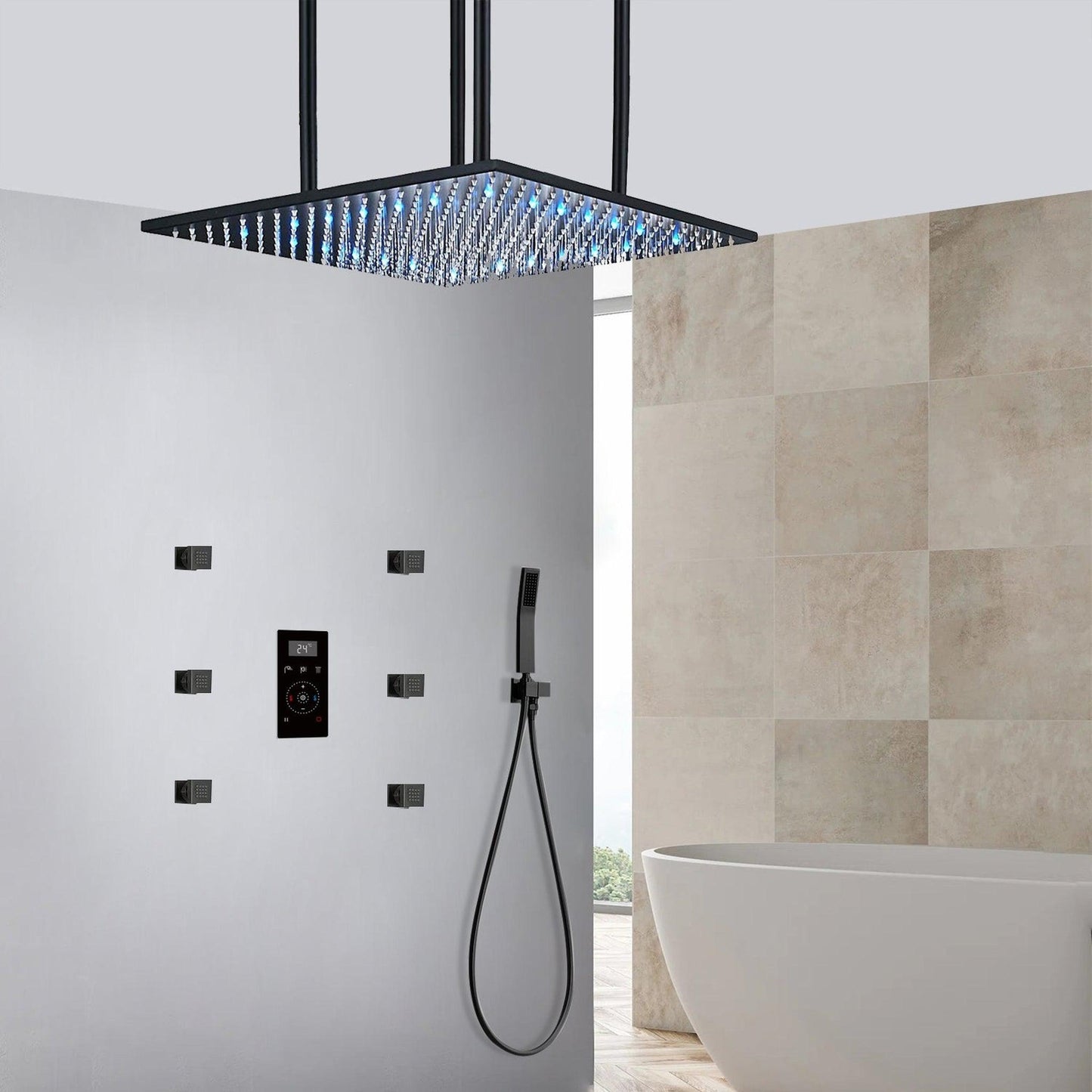 Fontana Reno Matte Black Ceiling Mounted 3-Way Digital Shower System With 6-Jet Body Sprays and Hand Shower