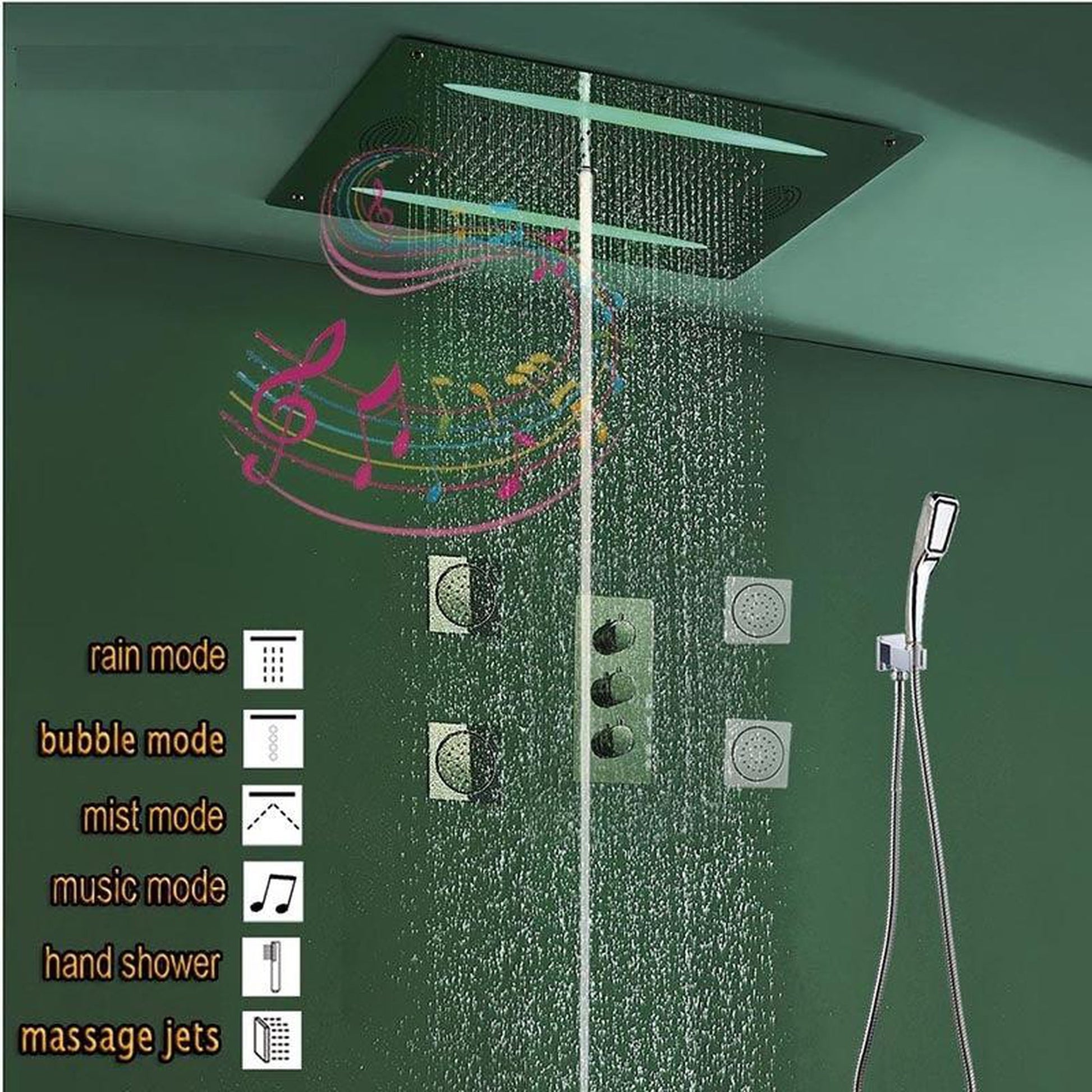 Fontana Reno Stainless Steel Mirror Finish Square LED Ceiling Bluetooth Smart Musical Shower Set With 4-Jet Body Sprays and Hand Shower