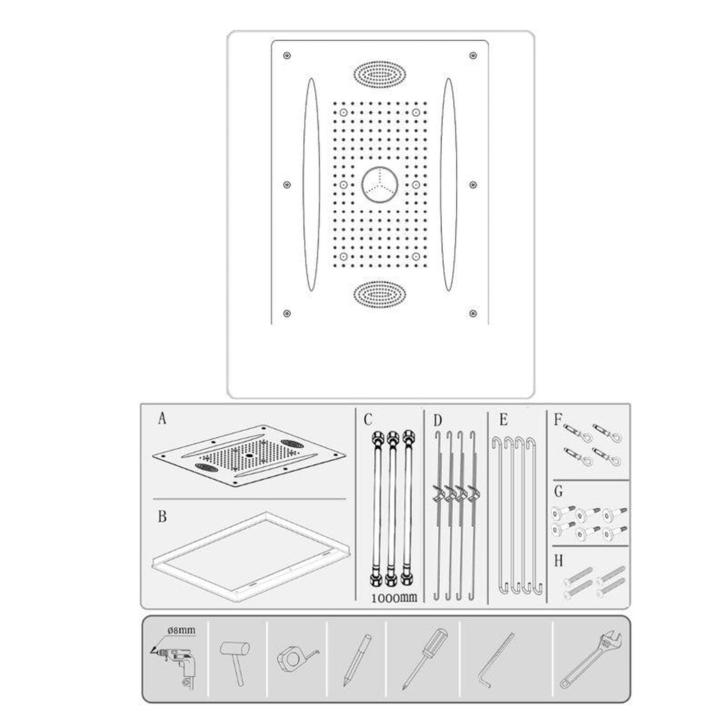 Fontana Reno Stainless Steel Mirror Finish Square LED Ceiling Bluetooth Smart Musical Shower Set With 4-Jet Body Sprays and Hand Shower