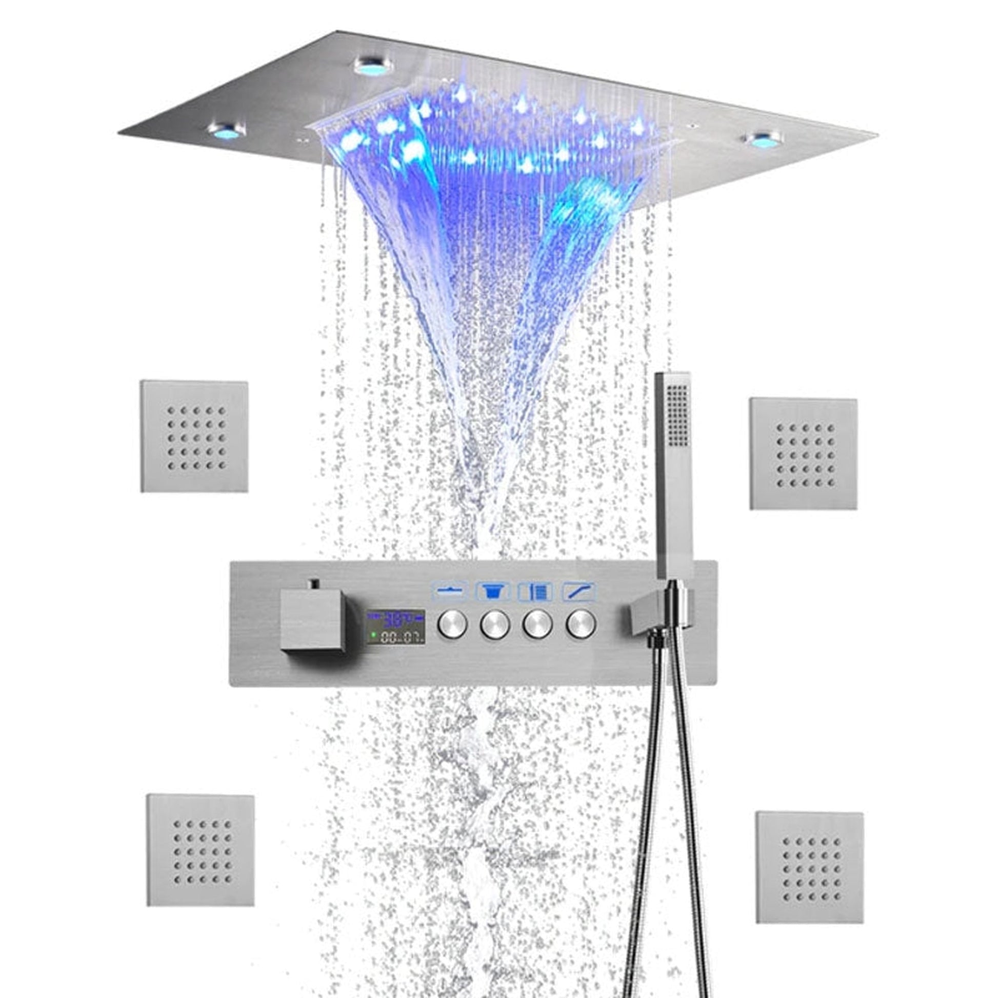 Fontana Rome Brushed Nickel Ceiling Mounted Thermostatic Musical Waterfall Shower System With Hand Shower and 4-Body Jets