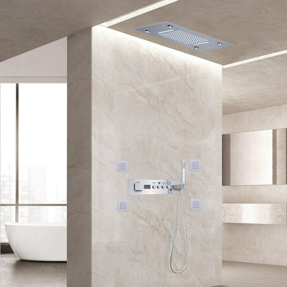 Fontana Rome Chrome Recessed Ceiling Mounted LED Thermostatic Waterfall Rainfall Shower System With 4-Jet Body Sprays and Hand Shower