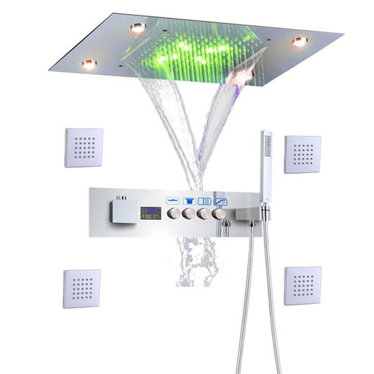 Fontana Rome Chrome Recessed Ceiling Mounted LED Thermostatic Waterfall Rainfall Shower System With 4-Jet Body Sprays and Hand Shower