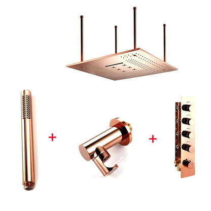 Fontana Rose Gold Ceiling Mounted Shower Arm 4-Dial Thermostatic Control Mixing Valve and Hand Shower Set