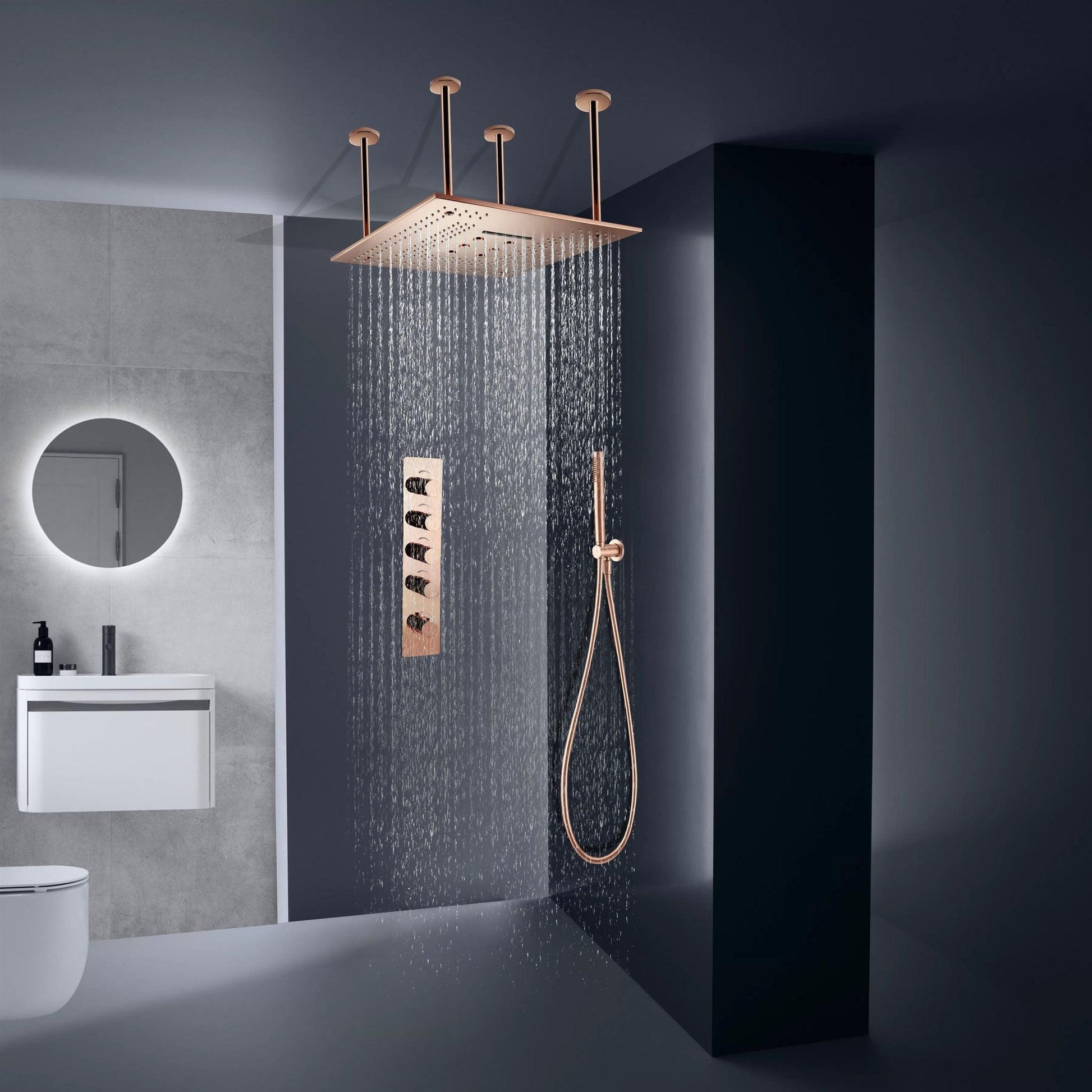 Fontana Rose Gold Ceiling Mounted Shower Arm 4-Dial Thermostatic Control Mixing Valve and Hand Shower Set