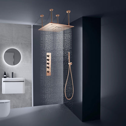 Fontana Rose Gold Ceiling Mounted Shower Arm 4-Dial Thermostatic Control Mixing Valve and Hand Shower Set