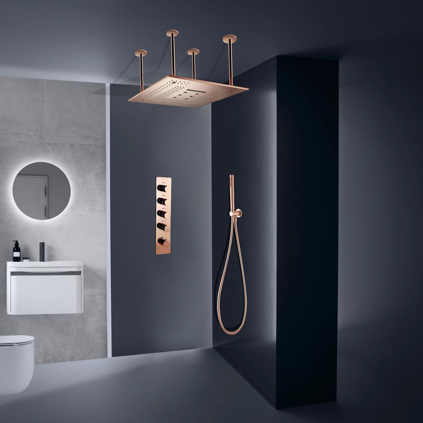 Fontana Rose Gold Ceiling Mounted Shower Arm 4-Dial Thermostatic Control Mixing Valve and Hand Shower Set