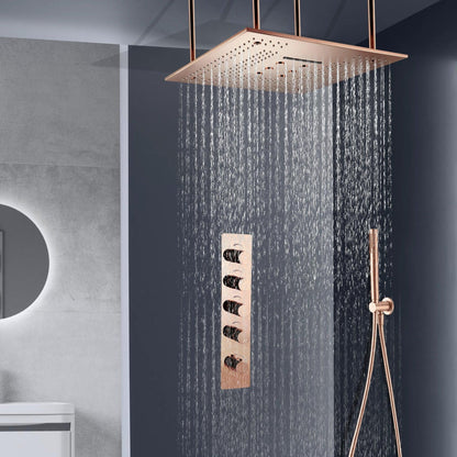 Fontana Rose Gold Ceiling Mounted Shower Arm 4-Dial Thermostatic Control Mixing Valve and Hand Shower Set