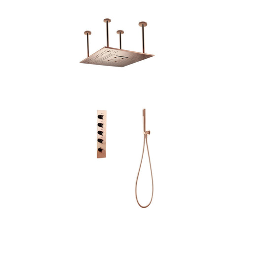 Fontana Rose Gold Ceiling Mounted Shower Arm 4-Dial Thermostatic Control Mixing Valve and Hand Shower Set