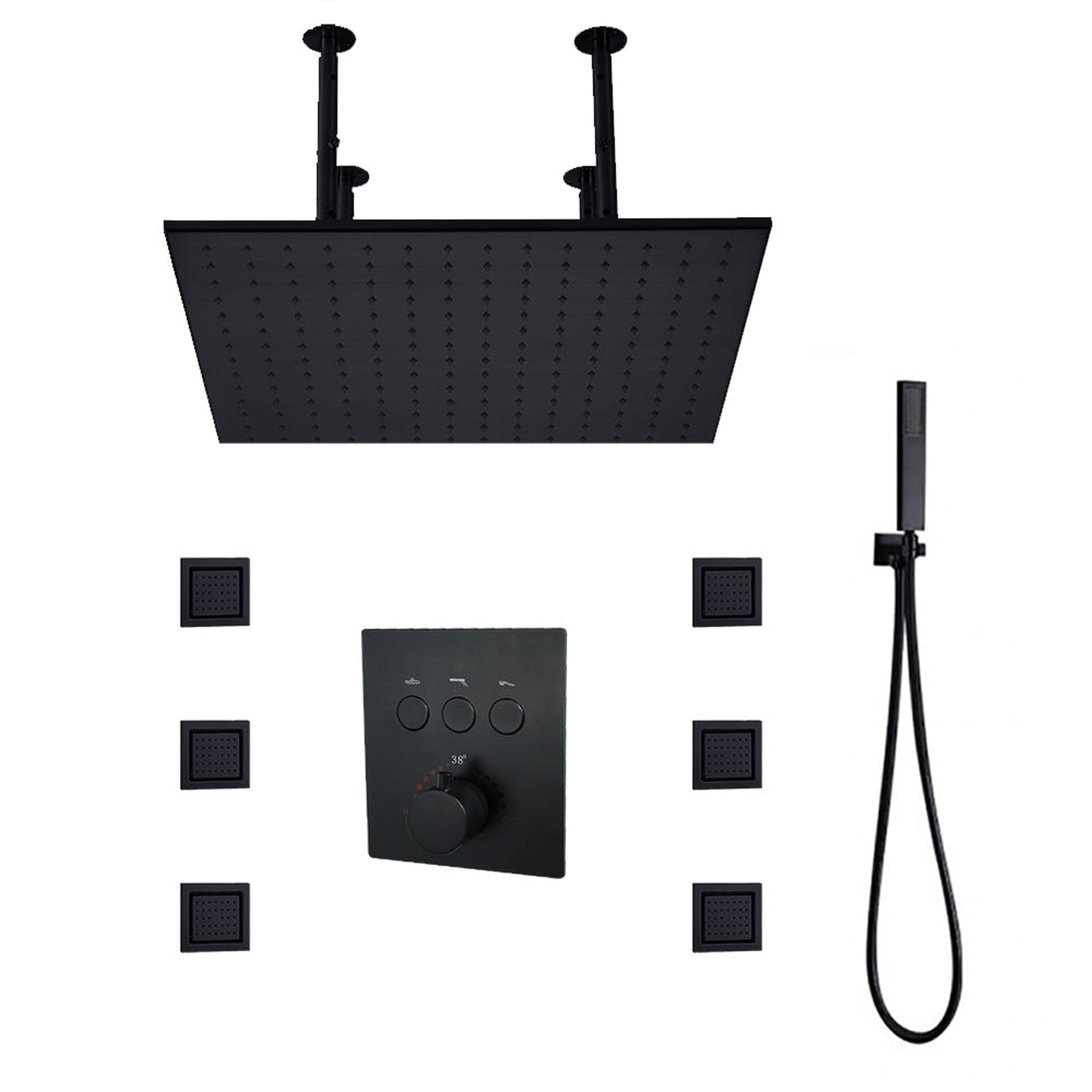 Fontana Royal Matte Black Digital Rainfall LED Shower System With 6-Jet Body Sprays and Hand Shower