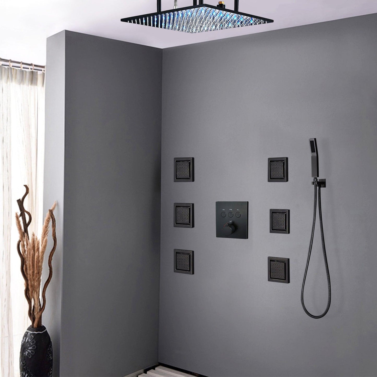 Fontana Royal Matte Black Digital Rainfall LED Shower System With 6-Jet Body Sprays and Hand Shower