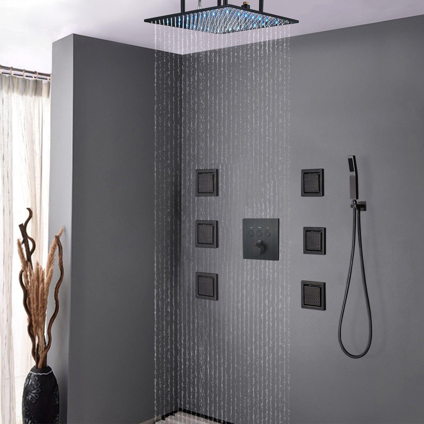 Fontana Royal Matte Black Digital Rainfall LED Shower System With 6-Jet Body Sprays and Hand Shower