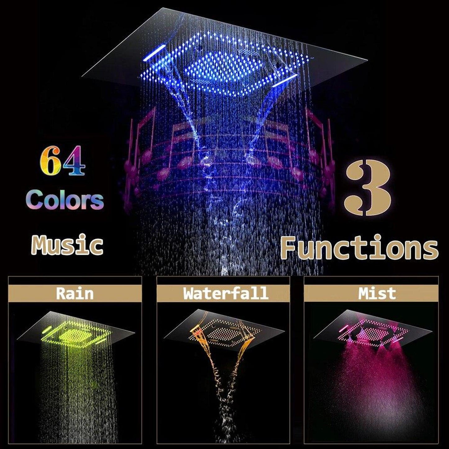 Fontana SA Tế Matte Black Remote Controlled Stainless Steel LED Smart Music Rainfall Thermostatic Shower System With Massage Jets and Hand Shower