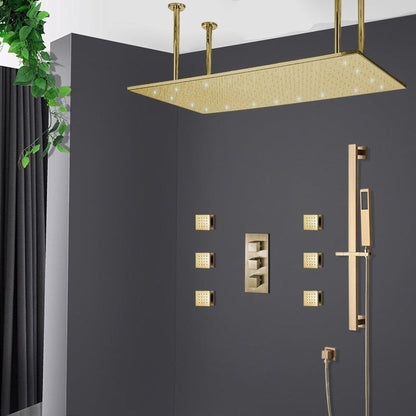 Fontana Saint Denis Brushed Gold Large Ceiling Mounted LED Rain Shower System With 6-Body Jets & Hand Shower