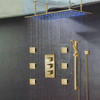 Fontana Saint Denis Brushed Gold Large Ceiling Mounted LED Rain Shower System With 6-Body Jets & Hand Shower