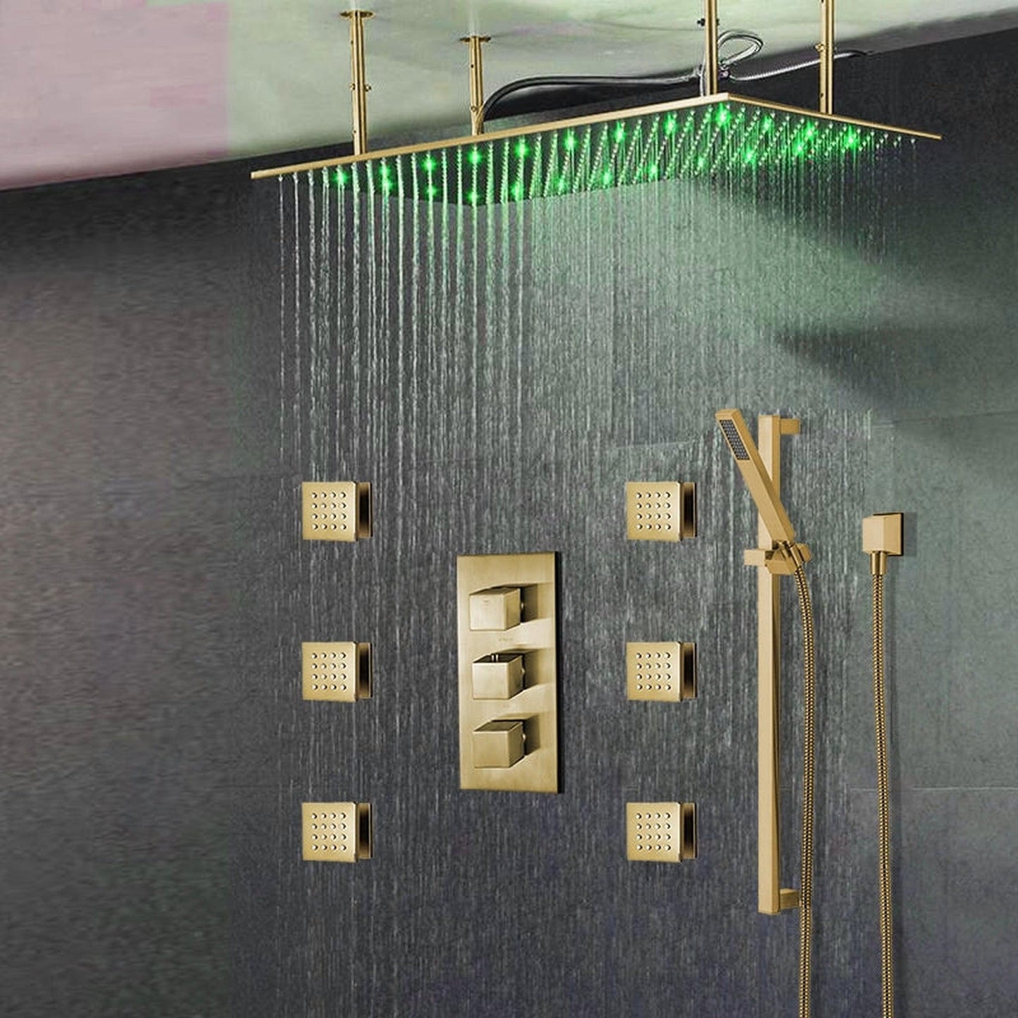 Fontana Saint Denis Brushed Gold Large Ceiling Mounted LED Rain Shower System With 6-Body Jets & Hand Shower