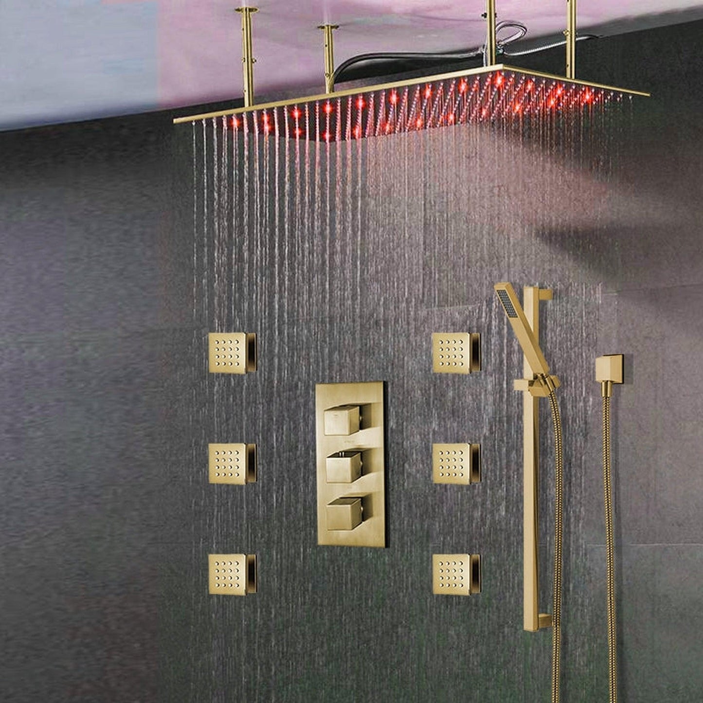 Fontana Saint Denis Brushed Gold Large Ceiling Mounted LED Rain Shower System With 6-Body Jets & Hand Shower