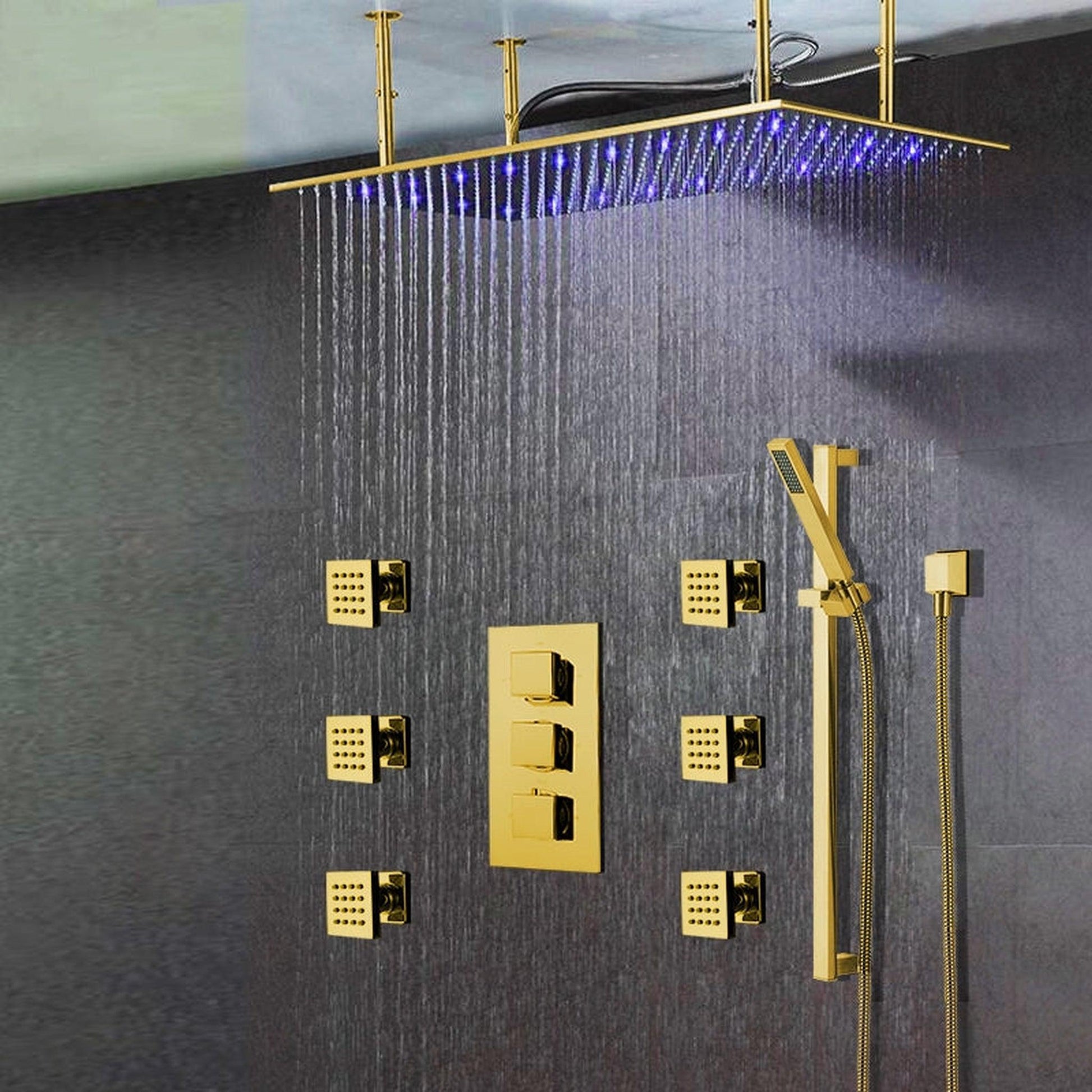 Fontana Saint Denis Gold Large Ceiling Mounted LED Rain Shower System With 6-Body Jets & Hand Shower