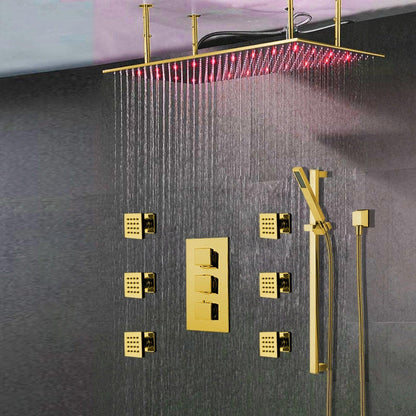Fontana Saint Denis Gold Large Ceiling Mounted LED Rain Shower System With 6-Body Jets & Hand Shower