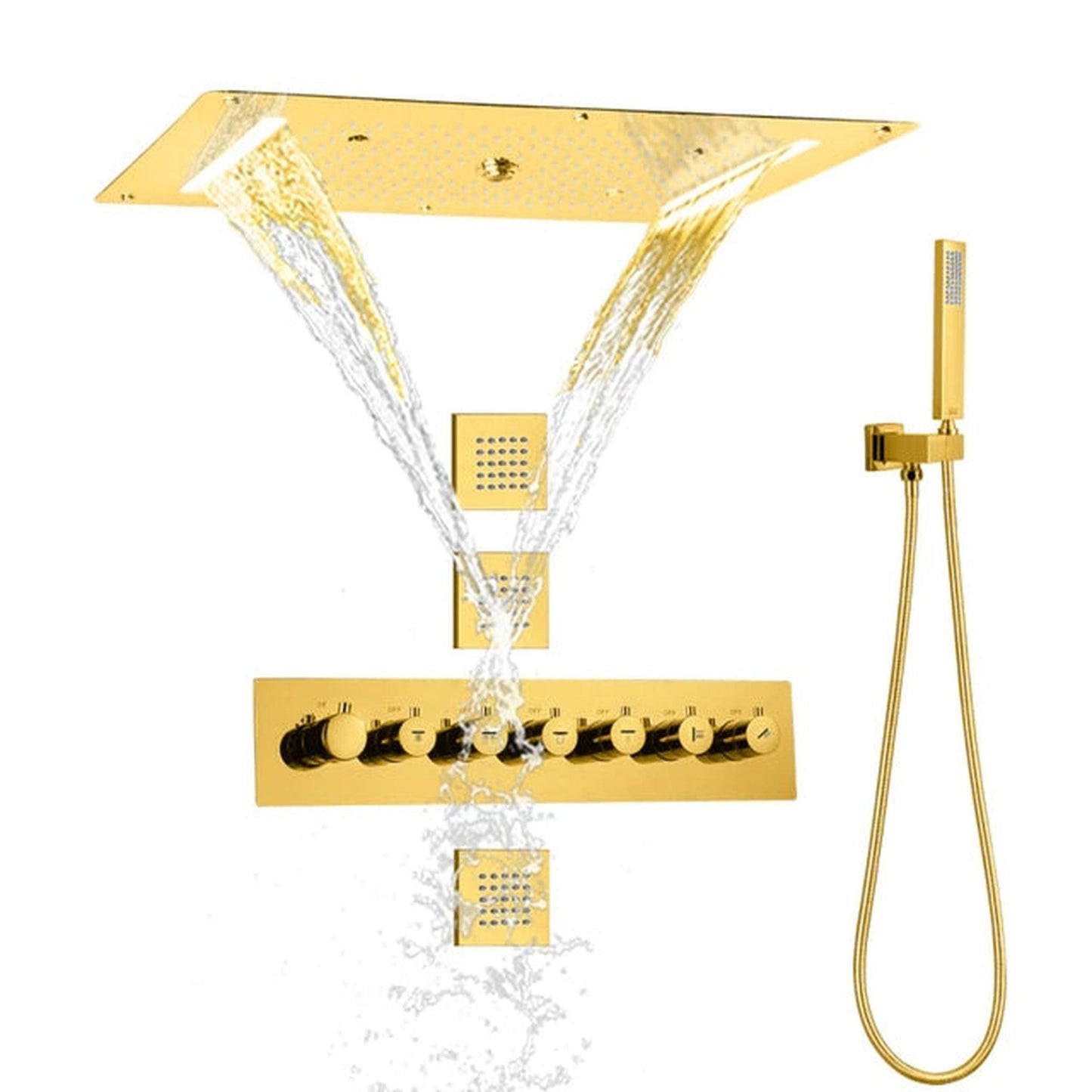 Fontana Savona Gold Recessed Ceiling Mounted Thermostatic LED Waterfall Rainfall Shower System With Hand Shower and 3-Jet Body Sprays