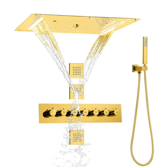 Fontana Savona Gold Recessed Ceiling Mounted Thermostatic LED Waterfall Rainfall Shower System With Hand Shower and 3-Jet Body Sprays
