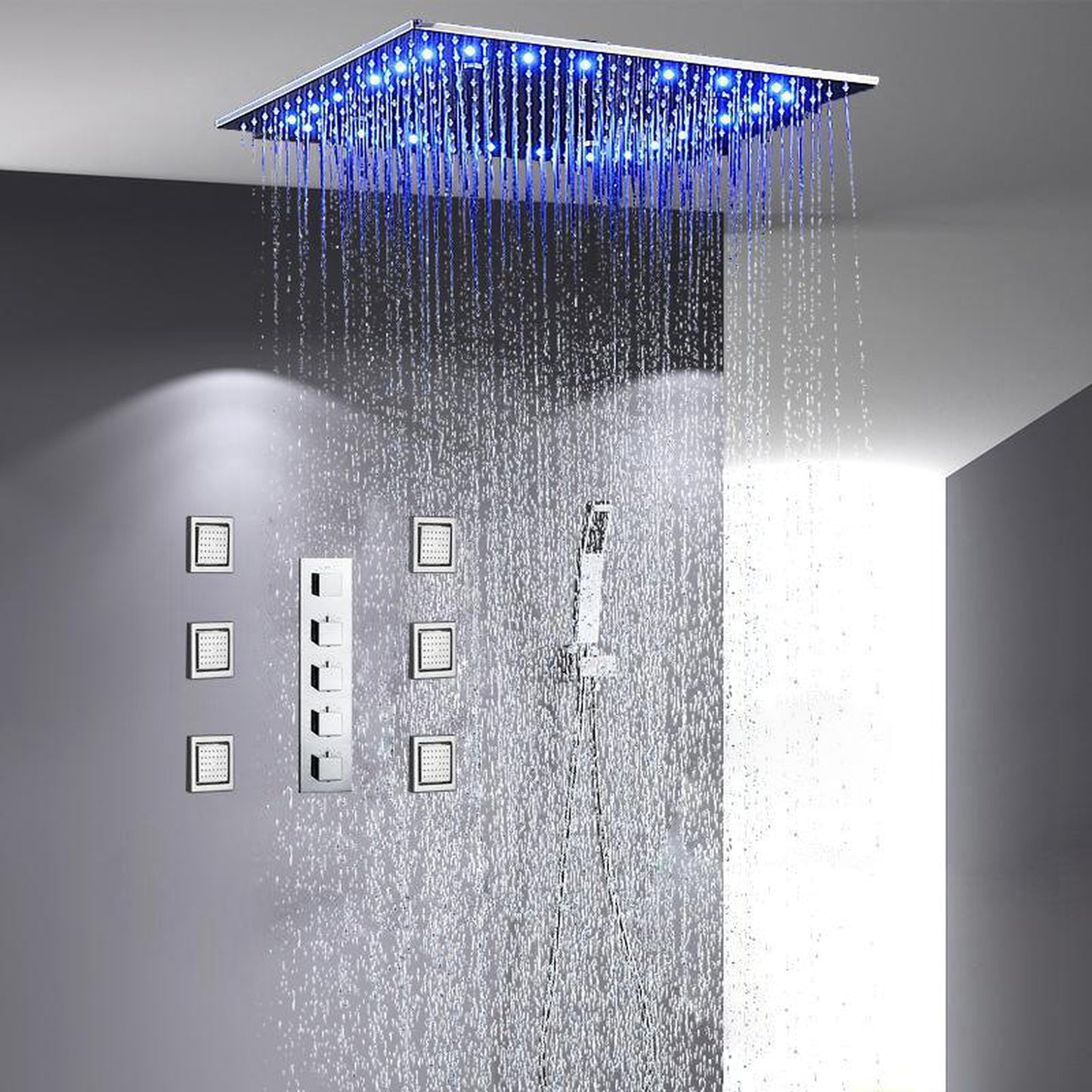 Fontana Sicily Chrome LED Rainfall Shower System With adjustable 6-Body Jets and Hand Shower