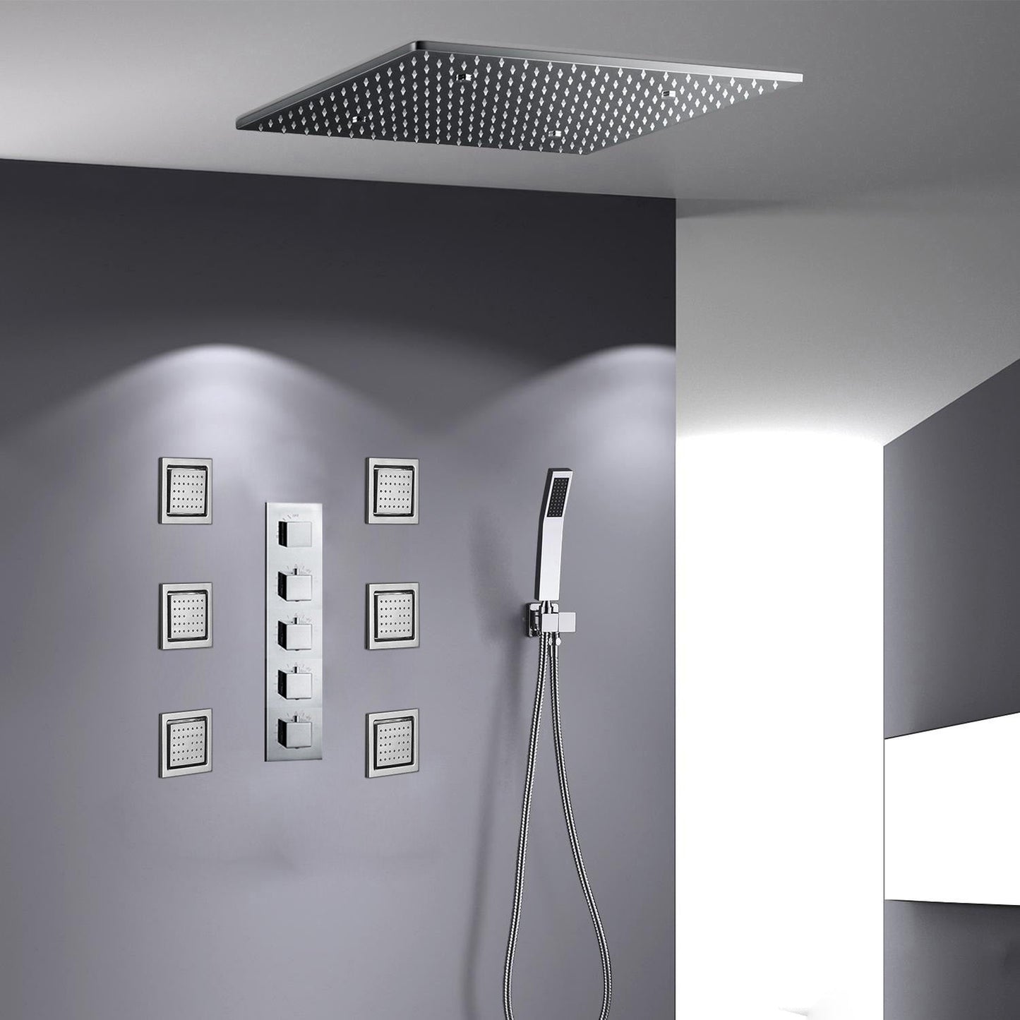 Fontana Sicily Chrome LED Rainfall Shower System With adjustable 6-Body Jets and Hand Shower