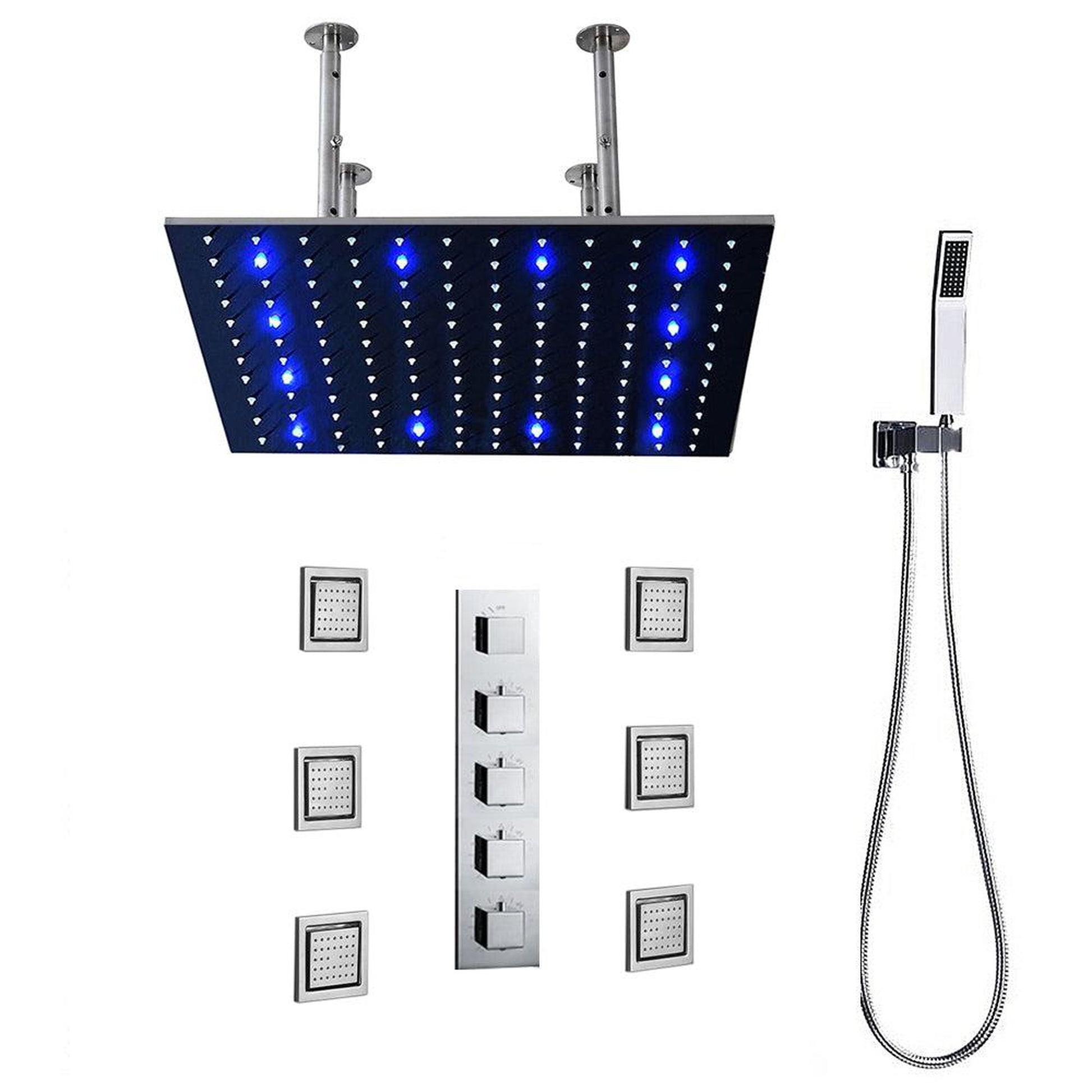 Fontana Sicily Chrome LED Rainfall Shower System With adjustable 6-Body Jets and Hand Shower