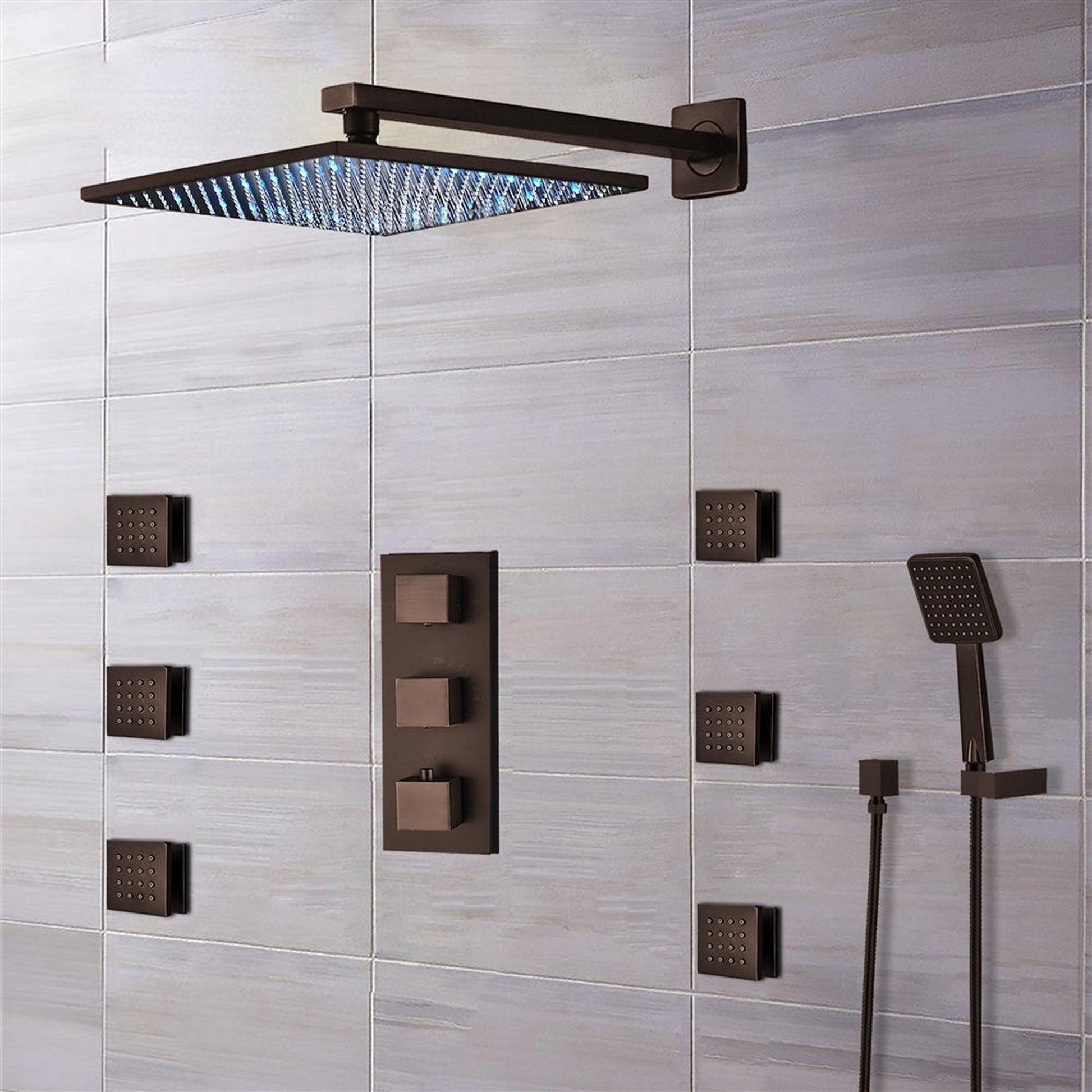 Fontana Sierra 12" Light Oil Rubbed Bronze Square Ceiling-Mounted LED Shower System With 6-Jet Body Sprays and Hand Shower