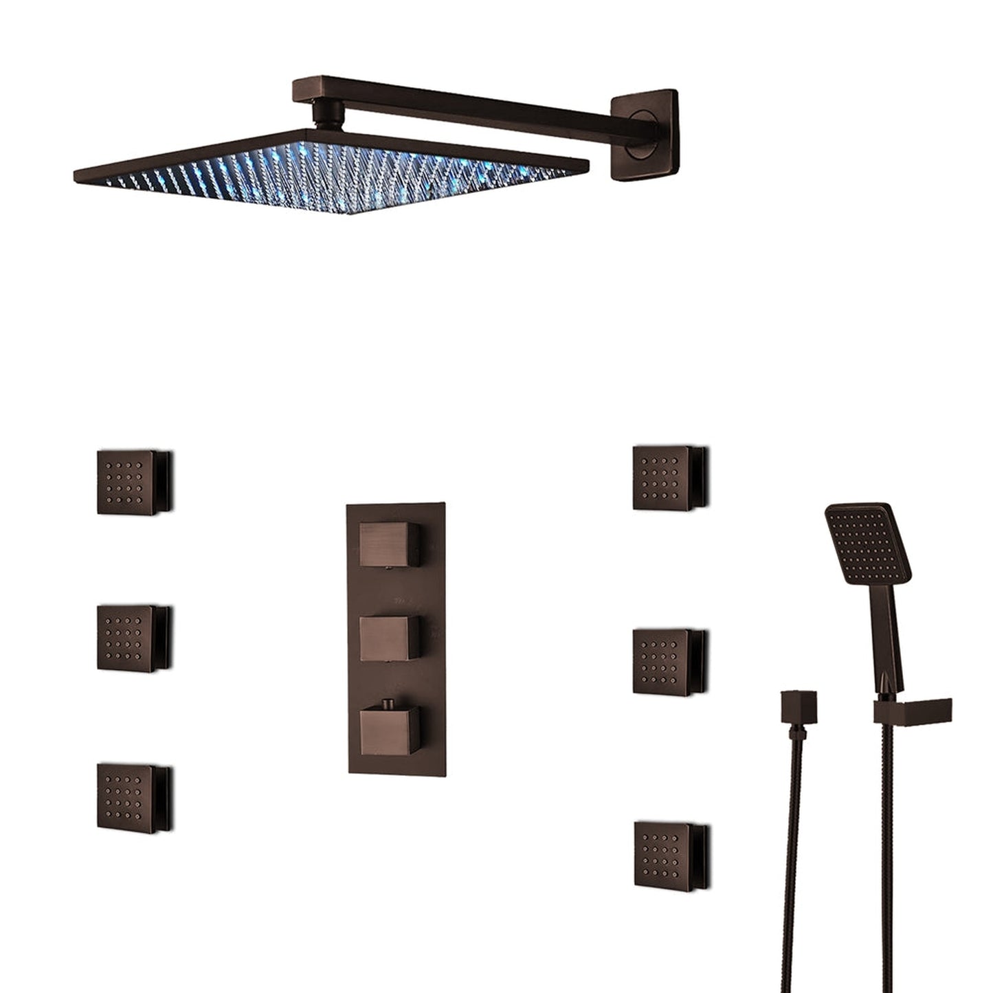 Fontana Sierra 12" Light Oil Rubbed Bronze Square Wall-Mounted LED Shower System With 6-Jet Body Sprays and Hand Shower