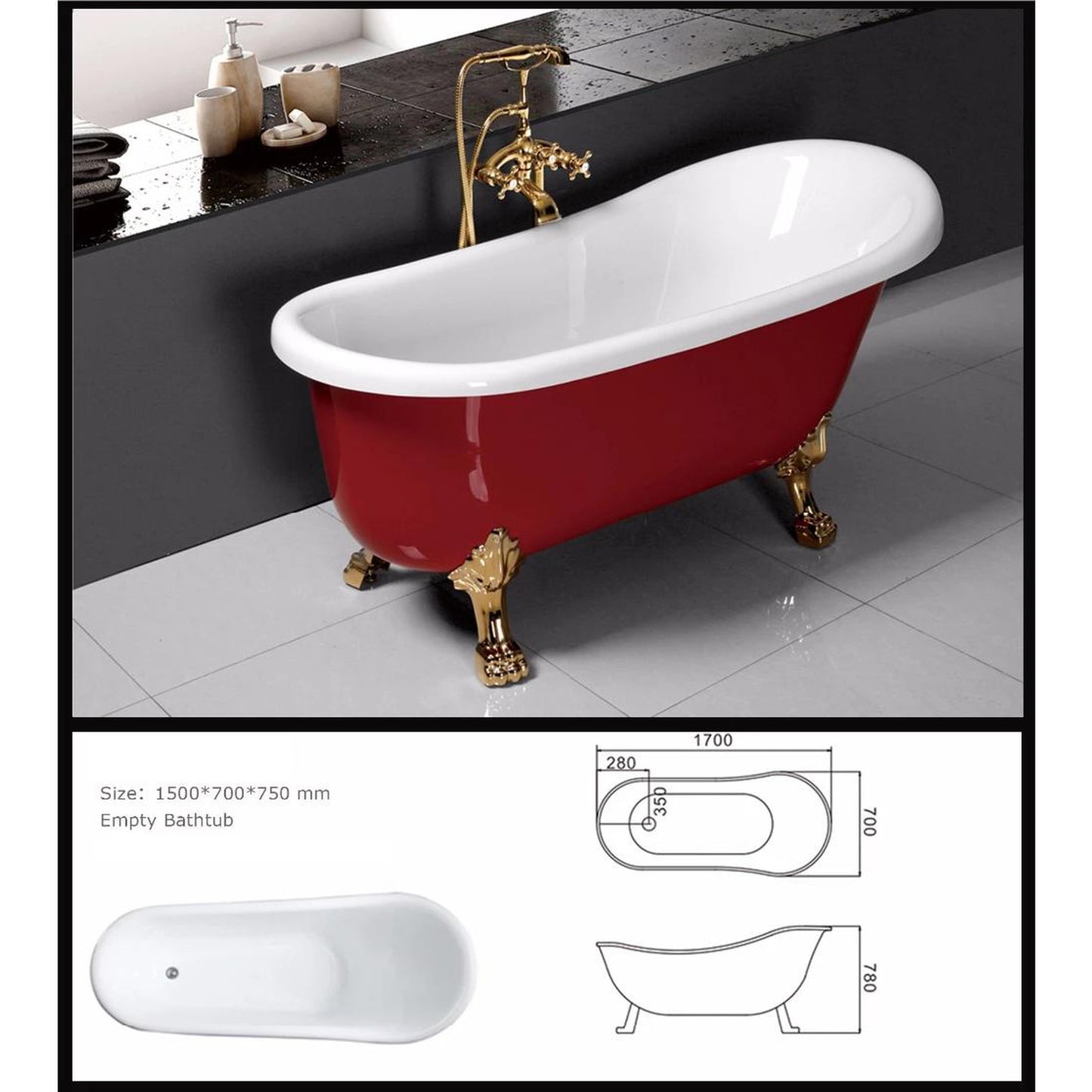 Fontana Sierra 59" x 28" Single Slipper Red Oval Luxury Freestanding Indoor Soaking Acrylic Bathtub