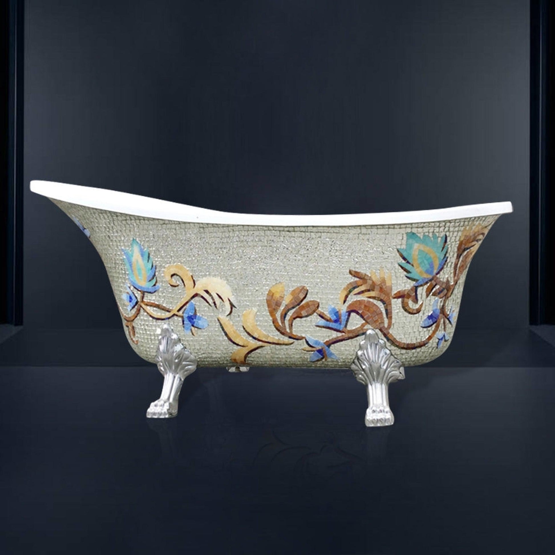 Fontana Sierra 59" x 31" 1-Person Single Slipper Silver Oval Freestanding Mosaic Indoor Soaking Acrylic Bathtub